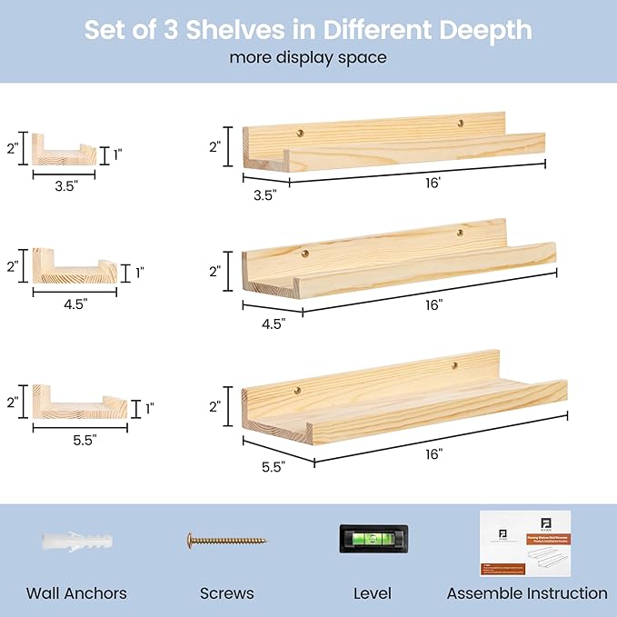 Picture Ledge Shelf for Wall, 16 inches Solid Pine Wood Nursery Book Shelves 3 Packs, Floating Ledge Shelves for Kids' Room Bedroom Bathroom Living Room Photo Frames Office Nursey Wall Decor, Natural-Ruum Studio Home