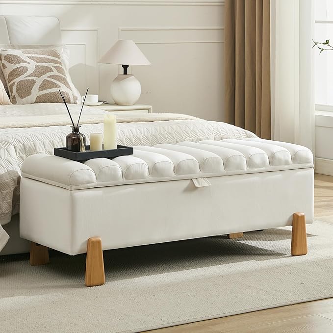 Storage Ottoman Bench for Bedroom Small Spaces 48.6 Inch with Hinged Lid Solid Wood Tapered Legs Tufted Upholstered Fabric for Living Room & Bedroom, Beige-Ruum Studio Home