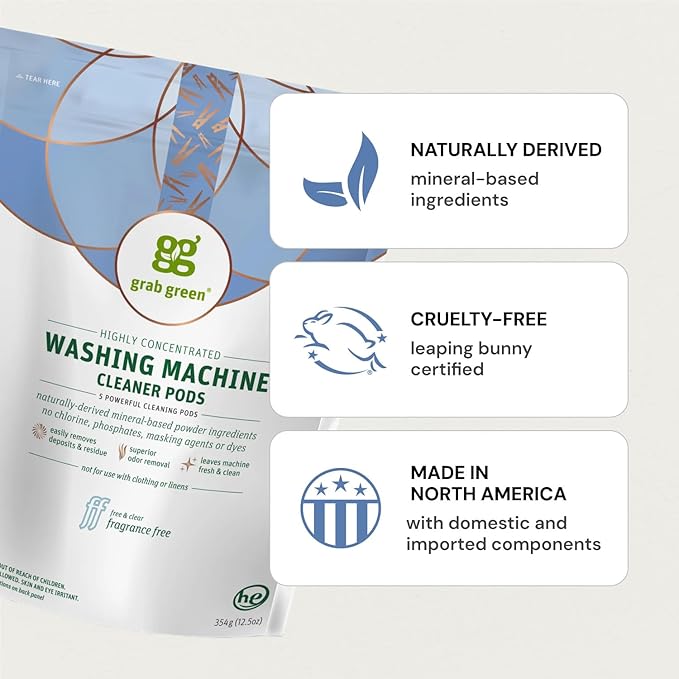 Grab Green Washing Machine Cleaner, 2 Count, Fragrance Free, Mineral Based Removes Deposits and Odors, Naturally Cleans-Ruum Studio Home