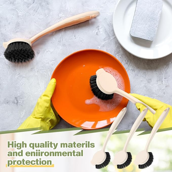 16 Pack Dish Brush with Handle Dish Scrubber Brush with Built-in Scraper Kitchen Scrub with Stiff Bristles Long Scrubber for Home Restaurant Pot Sink Washing Cleaning Supplies, Beige-Ruum Studio Home