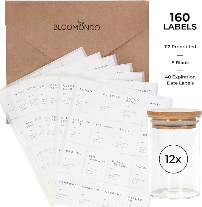 Empty Spice Jars with Label Pack (12x Bamboo Lid Glass Jar). Small 6oz Spice Storage Bottles with 112 Printed Stickers and 48 Writable Pantry Labels for Seasoning Containers-Ruum Studio Home