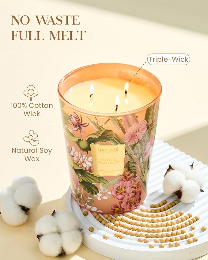 M&SENSE Large Soy Scented Candles Peony & Blush Sude, Non Toxic Natural Spring Candles 35oz 150 Hours Long Lasting Slow Burning, Unique Candle Gifts Cozy Room Decor for Women Men-Ruum Studio Home