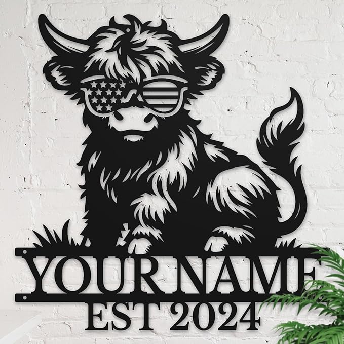 Personalized Highland Cow Name metal Signs,Custom Highland Cow Metal Shed Wall Decor,Black Metal Wall Art Plaques Outdoor wall Decorative Signage (Style C)-Ruum Studio Home