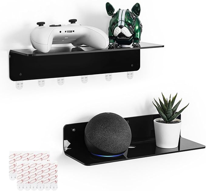 OAPRIRE Black Acrylic Floating Shelves Set of 2 - Damage Free Expand Wall Space - 12 Inch Wall Shelves with Strong Adhesive for Bathroom, Bedroom, etc-Ruum Studio Home