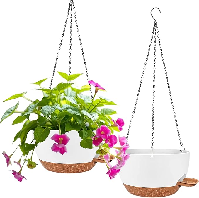 2 Pack Hanging Planters for Indoor Outdoor Plants, 12 Inch Self Watering Hanging Pot with Drainage Holes and Saucer, Plastic Plant Pots, White Brown Flower Pots for Kitchen, Balcony, Garden-Ruum Studio Home