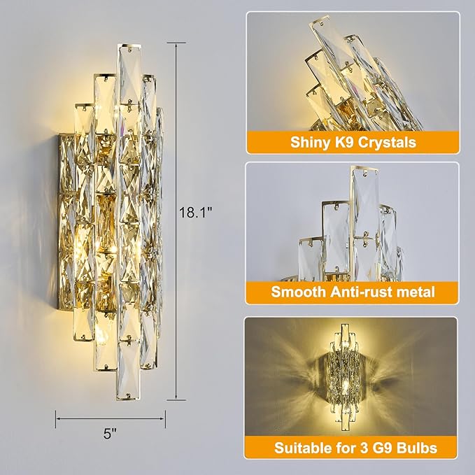 Modern Gold Crystal Wall Sconce Light Fixtures, Wall Mount Lamps for Bedroom Living Room Bathroom Vanity Mirror-Ruum Studio Home
