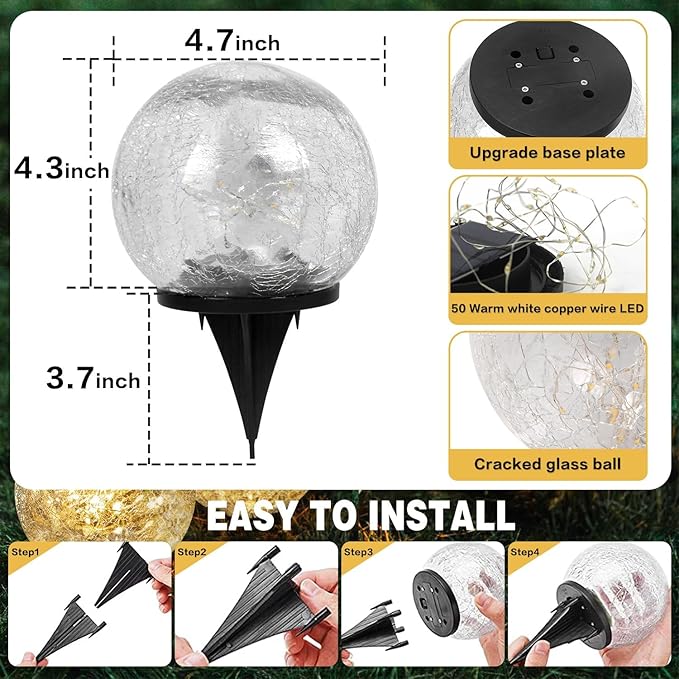 Solar Garden Lights Outdoor Waterproof, 4 Pack Cracked Glass Ball Light, Ground Landscape Garden Decor, Solar Globe Decorative for Pathway/Patio/Lawn/Yard (Warm White, 4.7")-Ruum Studio Home