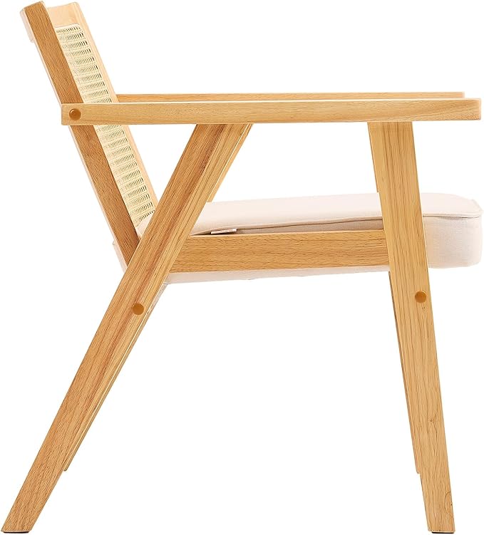 VEVOR Mid Century Modern Rattan Chair, Upholstered Velvet Accent Chair with Rattan Back, Retro Living Room Chair for Living Room, Bedroom, Reading Room, and Office, Beige-Ruum Studio Home