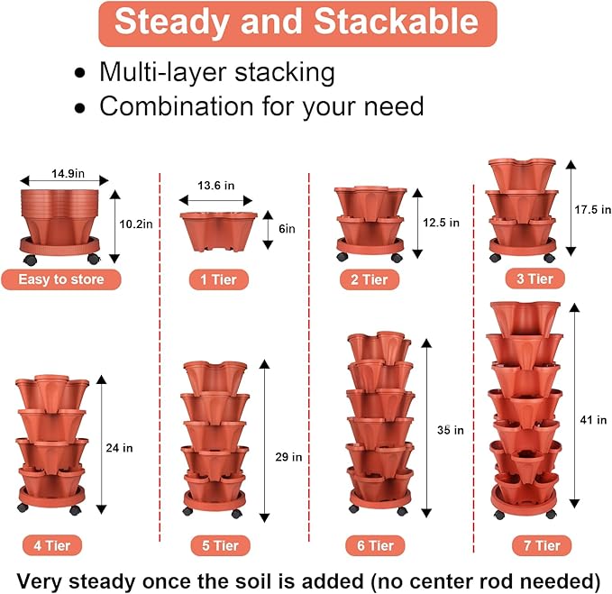 Vertical Planter 7 Tier Stackable Planters Garden Planters Strawberry Herb Flower and Vegetable Planter Indoor Outdoor Gardening Pots with Removable Wheels and Tools 2-Pack-Ruum Studio Home