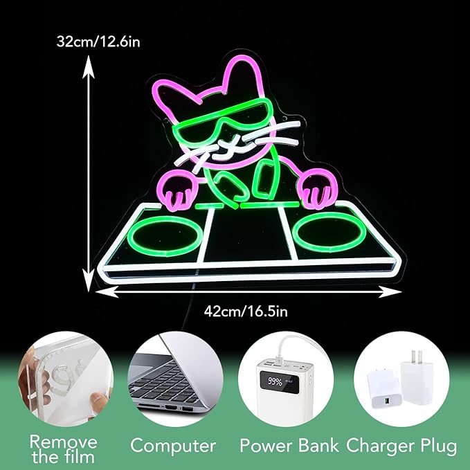 Cat DJ Player Neon Sign Dimmable DJ Player Led Neon Light for Wall Decor USB Powered Cool Neon Light Sign for Bar Party Man Cave Bedroom Art Wall Decoration-Ruum Studio Home