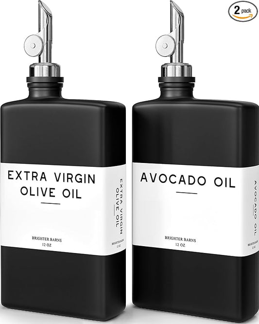 Black Glass Olive Oil Dispenser Bottle for Kitchen by Brighter Barns - Soy Sauce Dispenser, Coffee Syrup Bottle - Modern Kitchen Decor for Restaurant, Airbnb, Coffee Bar Accessories (Black, Set of 2)-Ruum Studio Home