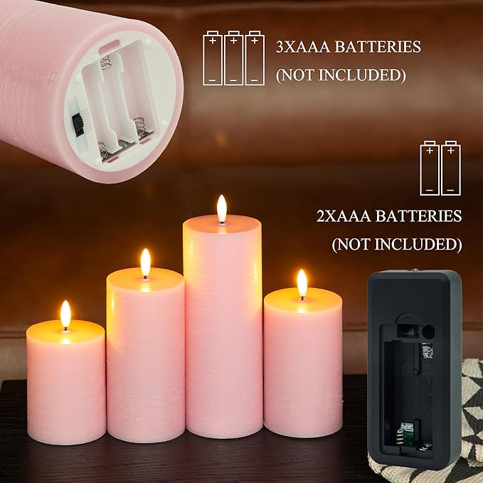 LUSHABOR Flameless Candles, 4 Pack Battery Operated Candles with Remote, Real Wax LED Fake Candles with Timer Flickering for Christmas Wedding Home Party D3 H 5" 6" 7" 9" Pink-Ruum Studio Home