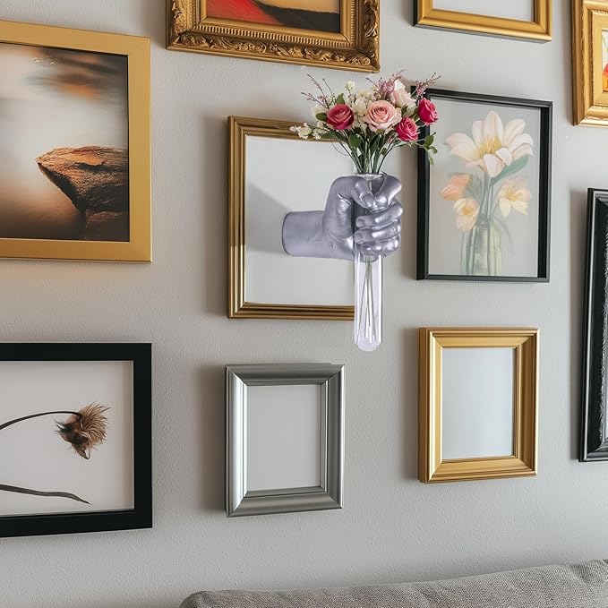 Silvery Wall Sculptures, Hand Vases Home Decor, Wall Mount Art Sculpture, Unique Wall Art Statue, Funky Flower Vase Decorations, Modern Eclectic Hanging Decor,Glass Test Tube Vase (Silvery)-Ruum Studio Home