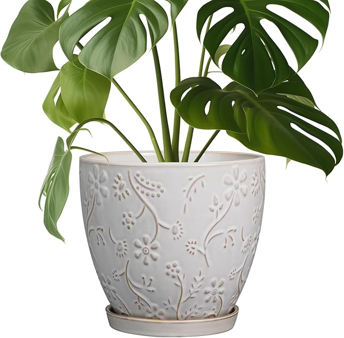 8 Inch Ceramic Pots for Plants Large Planter Pot with Drainage Hole and Saucer Round Flower Pot for Indoor Outdoor Decor, White-Ruum Studio Home