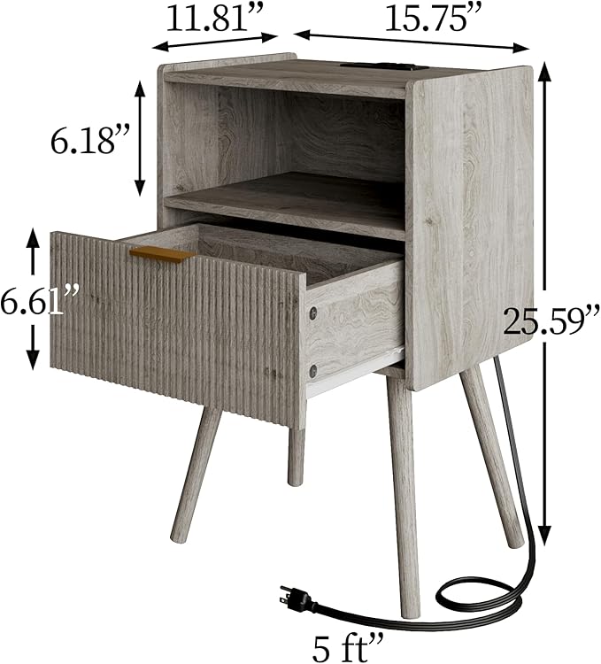 Nightstand,Modern Bedside Table with Storage Drawer and Open Wood Shelf, Accent Night Stand with Solid Wood Legs for Living Room, Bedroom and Small Spaces,Easy Assembly (Grey Oak-Outlet)-Ruum Studio Home