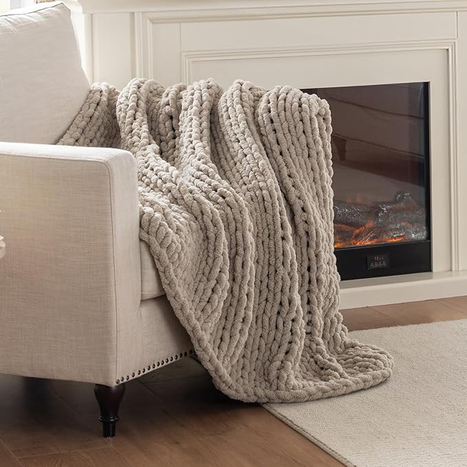 Chunky Knit Blanket Throw, 100% Hand Knit Throw Blanket Handmade Chenille Cable Knit Throw for Couch, Stylish Cozy Soft Rope Knot Crochet Blanket for Home Decor, Beige Linen, 50x60 Inches-Ruum Studio Home