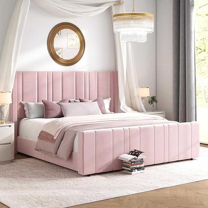 HOMBCK King Size Bed Frame and Headboard, Upholstered Bed with Vertical Channel Tufted Headboard & Footboard, Wooden Slats/Noise Free/No Box Spring Needed/Easy Assembly, Pink-Ruum Studio Home