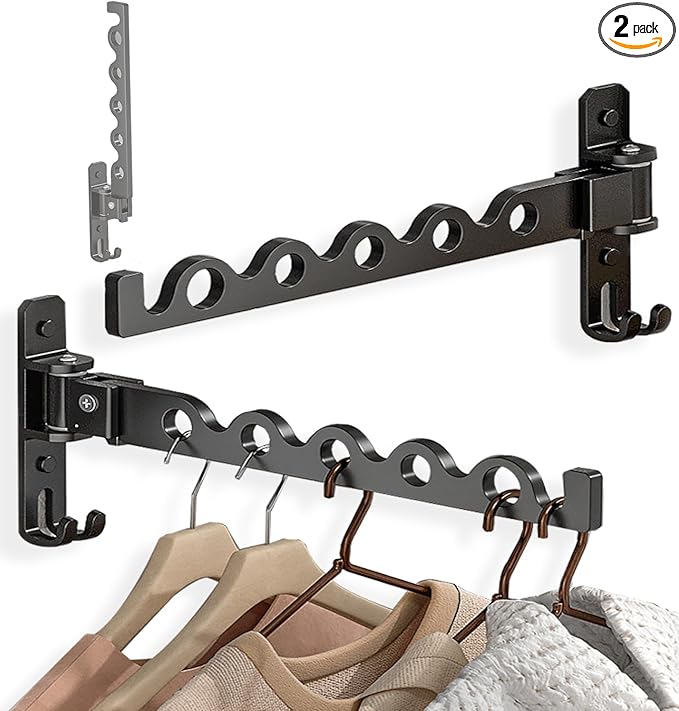 Dr.DJ Wall Hanger for Clothes, Coat Hanger Mounted Matte Black Retractable Clothes Drying Organizer Rack Garment Hooks Aluminium Folding Indoor Space Saver (2 Racks) Black-Ruum Studio Home