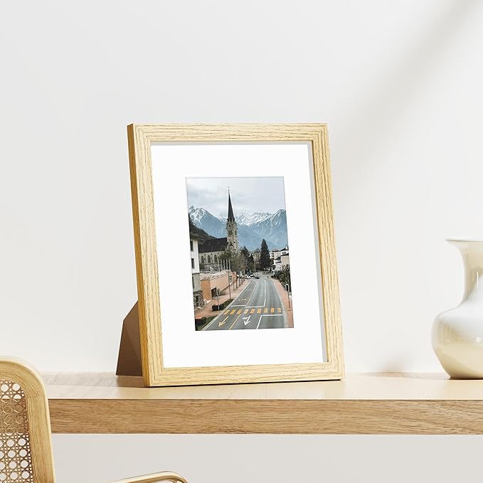 Vittanly 8x10 Picture Frames Set of 9, Shatter Resistant Plexiglass, Display 5x7 Pictures with Mat or 8x10 without Mat, Photo Frames for Wall or Tabletop, Engineered Wood, OAK-Ruum Studio Home
