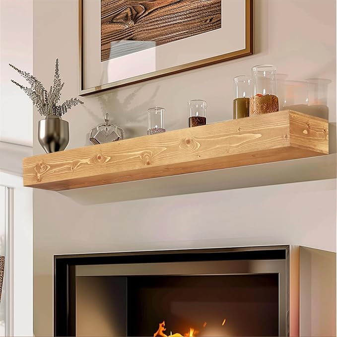 48x8x5 Fireplace Mantel - Handcrafted Rustic Solid Wood Wall Mounted Floating Shelf with Invisible Heavy Duty Wood Bracket (Natural)-Ruum Studio Home