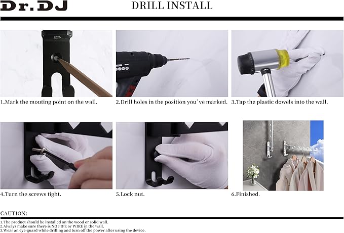 Dr.DJ Wall Hanger for Clothes, Coat Hanger Mounted Matte Black Retractable Clothes Drying Organizer Rack Garment Hooks Aluminium Folding Indoor Space Saver (2 Racks) Black-Ruum Studio Home
