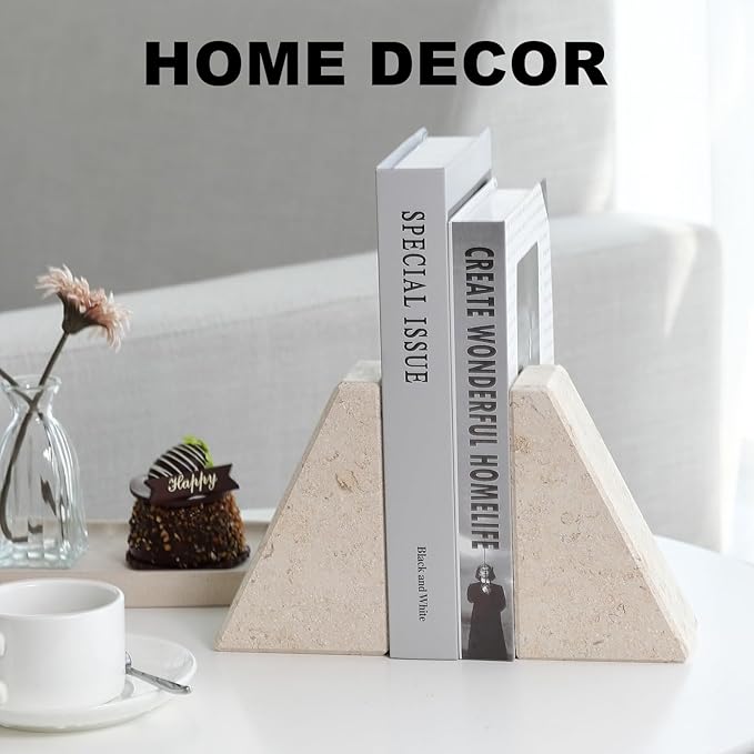 Marble Bookends for Heavy Books, Decorative Book Ends for Shelves, Beige Stone Durable and Heavy-Duty Book Ends for Hardback Books & CDS, Unique Book Stopper & Holder, Set of 2-Ruum Studio Home