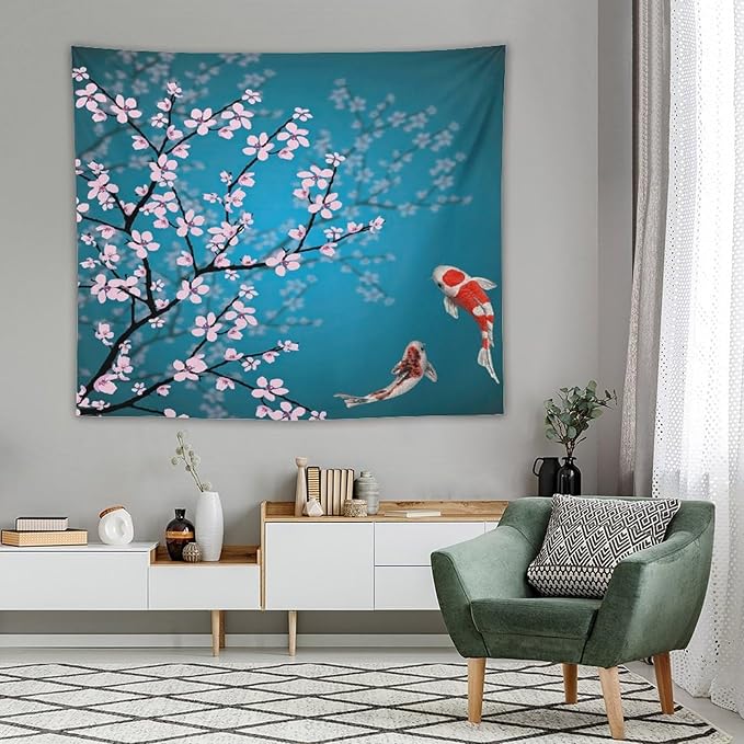 Japanese Koi Fish Tapestry, Cherry Blossoms Asian Oriental Green Teal Flower Branch Koi Fish Carp Tapestries Wall Hanging for Bedroom Living Room Office Decor 60"x50"-Ruum Studio Home