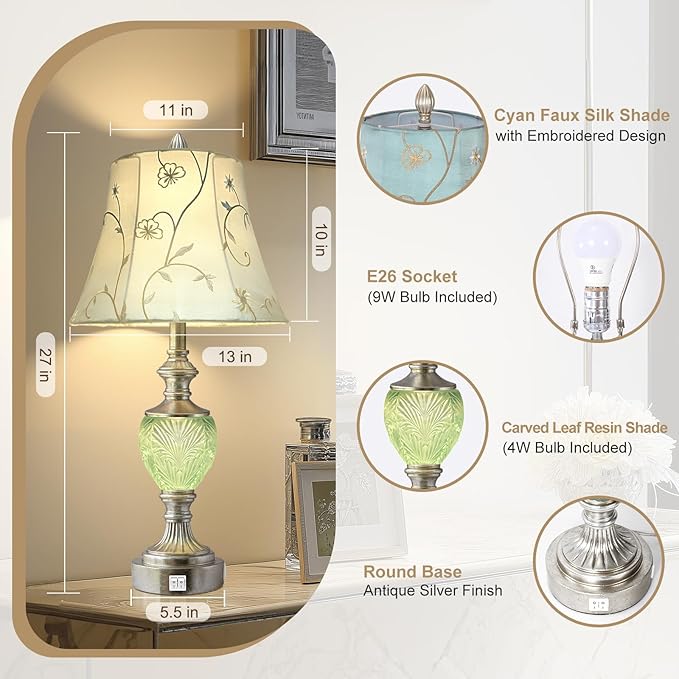 Bedside Table Lamp Set of 2 with Nightlight and USB A+C Ports, 27'' High Vintage Table Lamps with Silver Leaf Finish and Embroidered Shade, Nightstand Lamps Decor for Bedroom Living Room Home Office-Ruum Studio Home