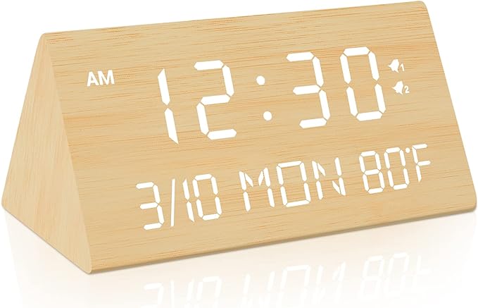 Kogonee Wooden Digital Alarm Clock, 0-100% Dimmer, 2 Alarm Settings, Weekday/Everyday Mode, 9 Mins Snooze, 12/24H, Temperature and Date Display for Office, Travel, Bedroom Alarm Clock (Bamboo)-Ruum Studio Home