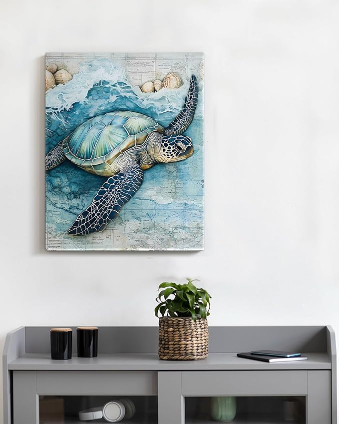Coastal Sea Turtle Canvas Wall Art Turtle Nautical Ocean Theme Print Poster Framed Picture Painting for Home Beach House Bedroom Wall Decor 8x10 Inch-Ruum Studio Home