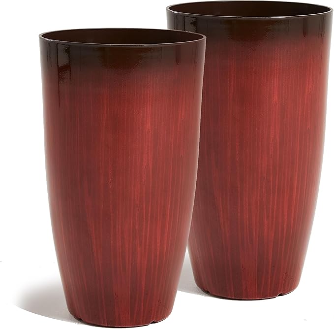 Worth Garden 23.5" H. Large Plastic Planters - Set of 2 Gradient Red Glossy Smooth Finish - Tall Plant Pots for Indoor & Outdoor Use - Decorative Lightweight Flower Pots for Front Porch, Patio, Deck-Ruum Studio Home