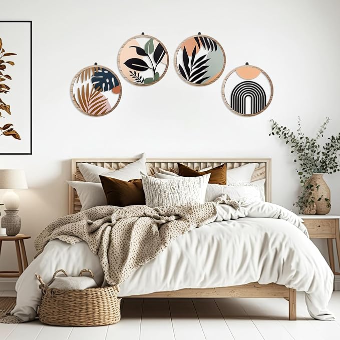 Qunclay 4 Pieces Boho Wall Art Wooden Bohemian Wall Decor Hanging Art Nursery Decor Farmhouse Geometric Hanging 10 Inch Aesthetic Wood Minimalist for Apartment Bedroom(Elegant)-Ruum Studio Home