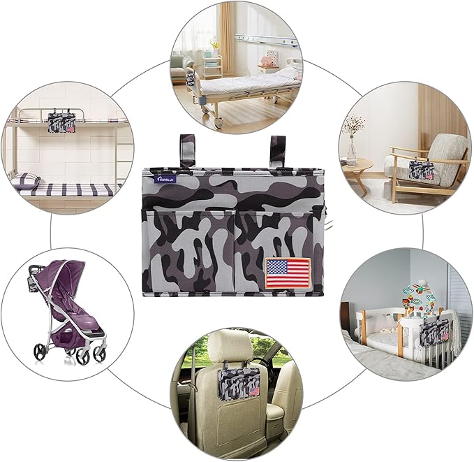 Surblue Bedside Caddy Hanging Bed Organizer Storage Bag Pocket for Bunk and Hospital Beds, College Dorm Rooms Baby Bed Rails, Wheelchair Side Bag, Camp Chiars, 4 Pockets and 2 Hooks (Small City)-Ruum Studio Home