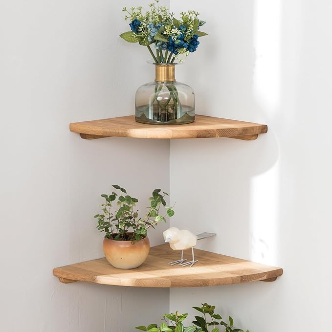 Corner Shelves, Floating Corner Shelf, Set of 2 7inch Solid Oak Wood Wall Shelves, Round End Wall Mount with Wire Hole Shelving for Small Plant for Bedroom Kitchen, Living Room-Ruum Studio Home