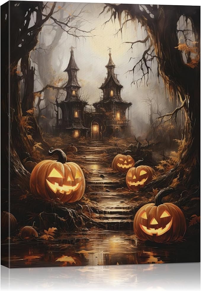 AbcCustomize Halloween Canvas Wall Art - Spooky Haunted House & Eerie Pumpkins Poster, Gothic Fall Decorations for Home, Vintage Halloween Decor Indoor for Living Room, Bedroom & Party-Ruum Studio Home
