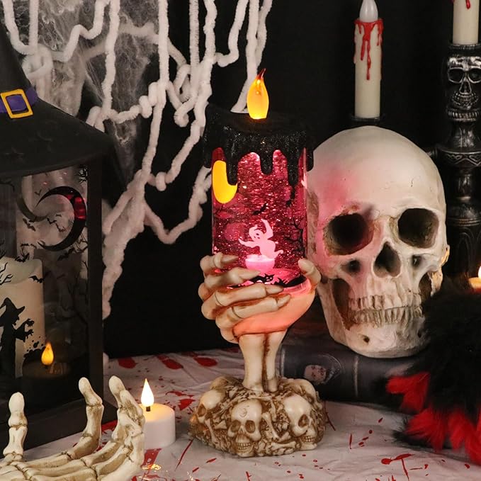 Eldnacele Halloween Snow Globe Candles Lighted Lamp USB Powered Battery Operated Spooky Spinning Water Glittering Tornado Flameless Candles Skeleton Hand Holder Halloween Centerpiece Decor(Ghost)-Ruum Studio Home