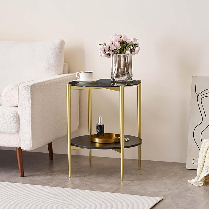 Round Glass End Table, Mid-Century Modern Design Sofa Table for Living Room, D18 x H23 in, 2-Tier Structure, Grey Glass Top and Black Marble Shelf, Sleek Conical Legs with Gold Finish Frame-Ruum Studio Home