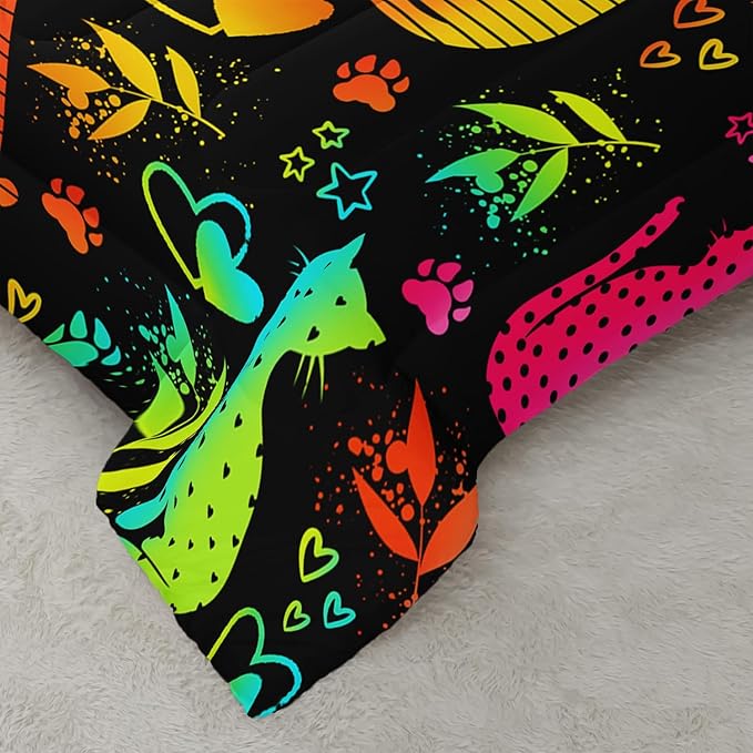 Kawaii Cat Animal Comforter 3Pcs Full Lovely Pet Cat Bedding Set for Kid Teen Girl Boy Adult Room Decor Cartoon Kitten Paw Heart Bamboo Leaf Pattern Quilt with 1 Comforter and 2 Pillowcases-Ruum Studio Home