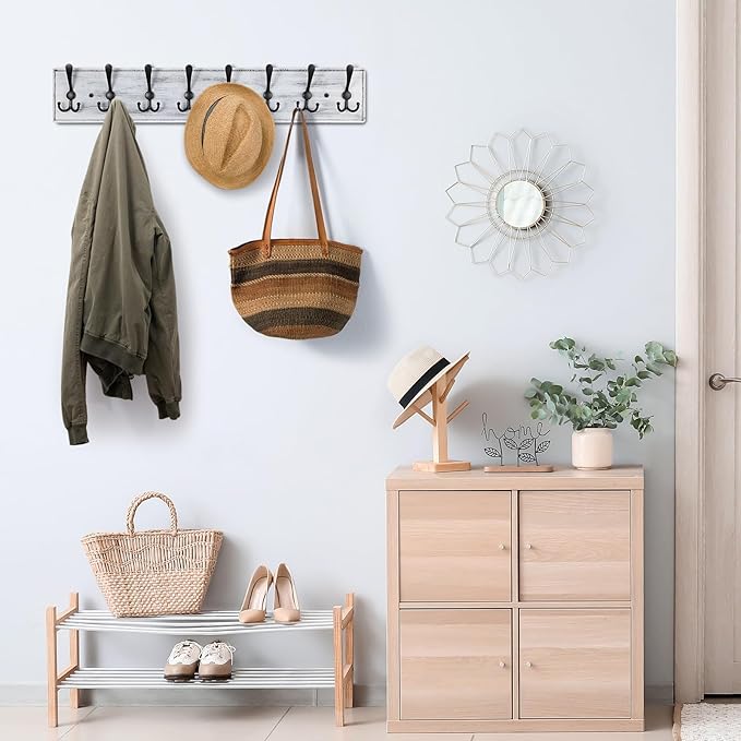 Coat Rack Wall Mount, Wooden Heavy Duty Coat Rack for Wall,8 Triple Coat Hanger Hooks for Hanging Coats,Jacket,Hat,Clothes (Grey White, 8 Hooks)-Ruum Studio Home
