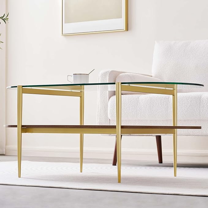 Oval Glass Coffee Table, Mid-Century Modern Design, L41 x W21 x H17 inch, for Living Room, 2-Tier Structure, Clear Glass Top and Walnut Finish Wood Shelf, Conical Legs with Gold Finish Frame-Ruum Studio Home