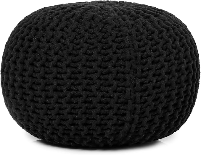 REDEARTH Round Pouf Foot Stool Ottoman - Hand Knitted Bean Bag - Cord Boho Pouffe - Cable Poof Footrest for Living Room - Nursery - Bedroom - Patio - 100% Cotton - Home Decor (19.5"x19.5"x14") - Black-Ruum Studio Home
