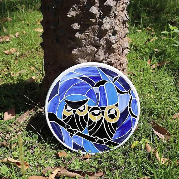 Bieye MSS005 Tiffany Style Stained Glass Mosaic Decorative Stepping Stone for Garden Decor (Owl, 12" Round)-Ruum Studio Home