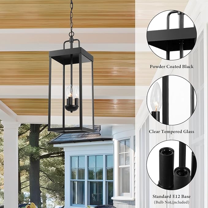 Large Outdoor Pendant Lantern Light Fixture for Front Porch, 24 Inch 3-Light Black Exterior Hanging Chandelier with Clear Glass, Outdoor Indoor Pendant Lamp for Patio, Gazebo, Entryway, Doorway-Ruum Studio Home