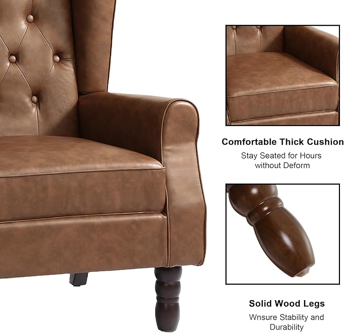Accent Chair, Upholstered Armchair with Button Tufted High Back & Solid Wood Legs, Comfy Wingback Reading Single Sofa Chair for Small Spaces, Living Room, Bedroom (Leather Brown, Set of 2)-Ruum Studio Home