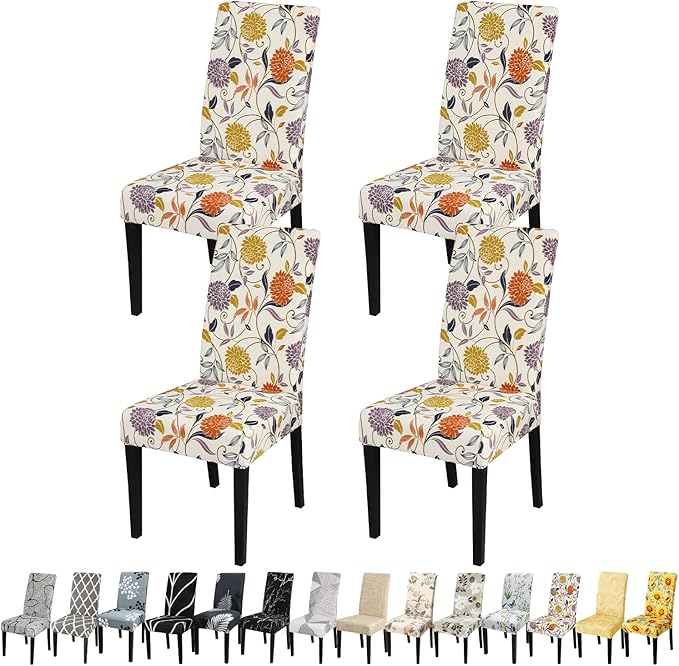 JQinHome Pattern Chair Covers for Dining Room Set of 4, High Stretch Removable Washable Parsons Chair Slipcover for Home Party Hotel Wedding Ceremony (Flower,4PCS)-Ruum Studio Home