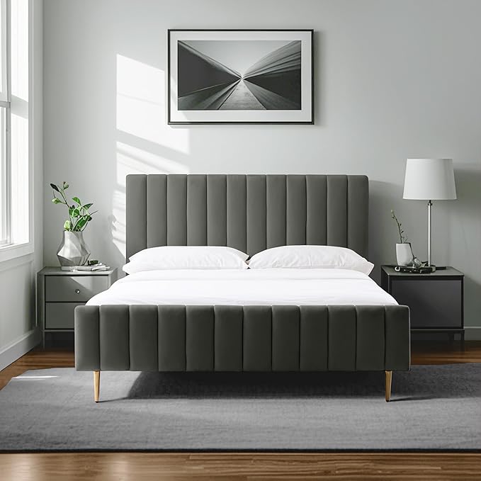 Livinia Queen Size Elton Velvet Platform Bed, Upholstered Bed Frame with Vertical Channel Tufted Headboard Footboard, Strong Wood Slats, No Box Spring Needed, Gray (Queen)-Ruum Studio Home