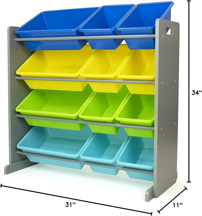 Humble Crew Kids Toy Storage Organizer with 12 Plastic Bins, Grey/Blue/Green/Yellow – Removable Bins for Playroom, Bedroom, Toddler Furniture for Boys and Girls Ages-Ruum Studio Home