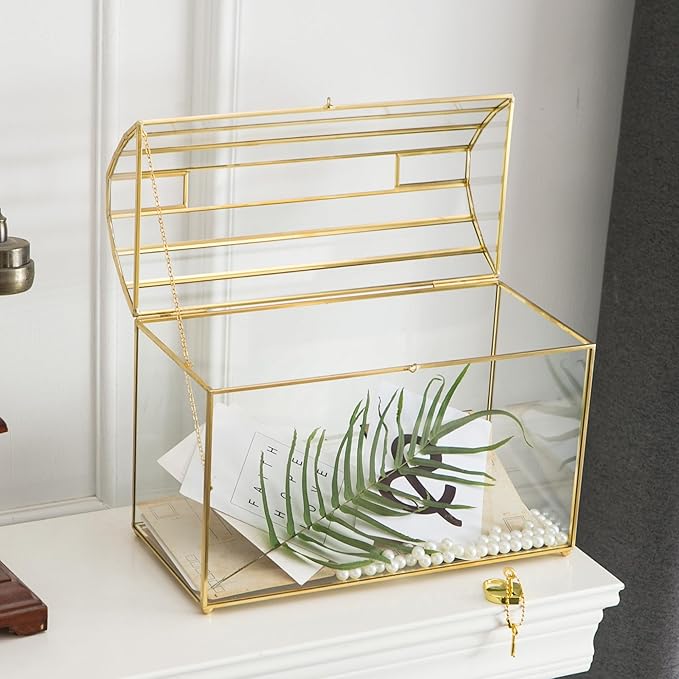 Wedding Card Box with Slot, 12.2'' Large Glass Card Boxes for Reception, Gold Card Holder, Clear Decorative Storage Box with Lock for Baby Shower, Birthday Party, Christmas, Bridal Shower-Ruum Studio Home