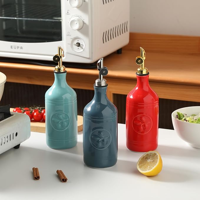 Sweejar 16 Oz Ceramic Olive Oil Dispenser Bottle, Oil Dispenser for Kitchen with Gravity Spout, Relief Opaque Vinegar Container for Evoo, Soy Sauce, 1 Pack(Fog Blue, Silver Spout)-Ruum Studio Home