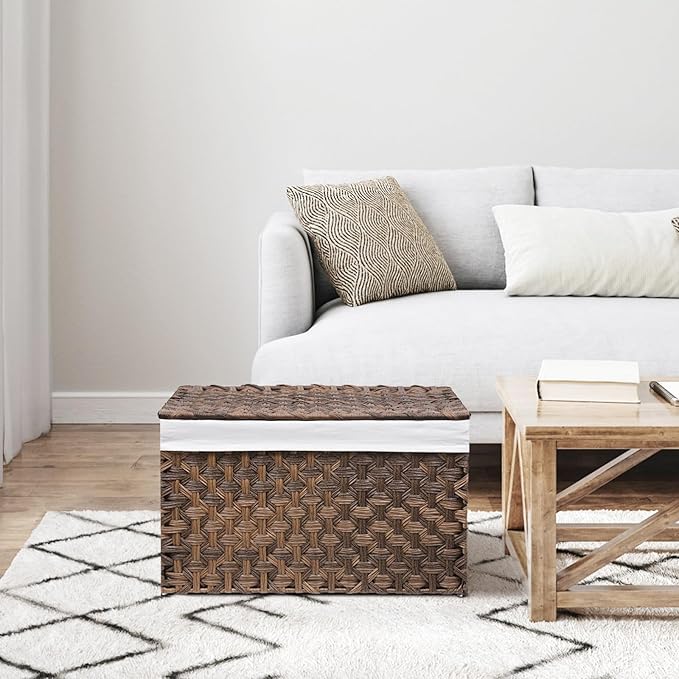 Wicker Storage Basket with Lid, 42.3 Gallon (160L) Large Blanket Basket with Lid, Woven Storage Bin with Handles, Removable Liner, Metal Frame, Foldable, for Bedroom, Laundry Room, Brown-Ruum Studio Home